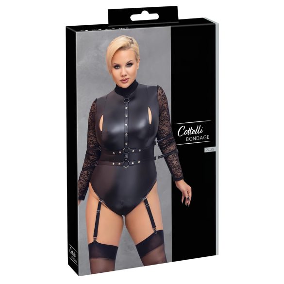 Cottelli Bondage Plus Size - mežģīņu piedurknes bodijs (melns) - 3XL