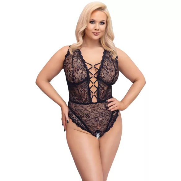 Cottelli Curves plus size caurspīdīgs rakstains bodijs melns - 90D/XL