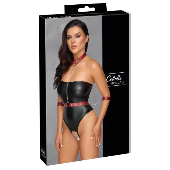 Cottelli Bondage - sieviešu spīdīgs bodijs ar roku dzelžiem melns