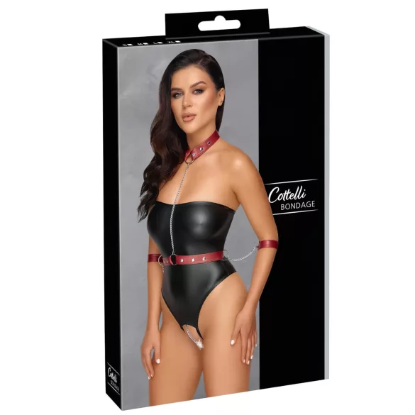 Cottelli Bondage - spīdīgs bodijs un roku aproces (melns)