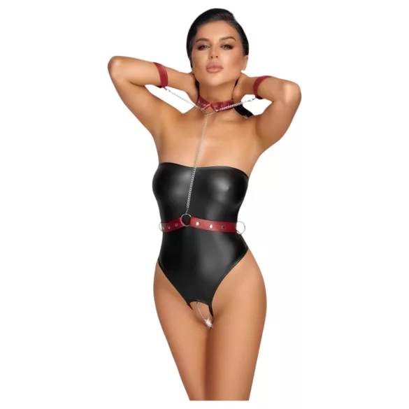 Cottelli Bondage - spīdīgs bodijs un roku aproces (melns) - L