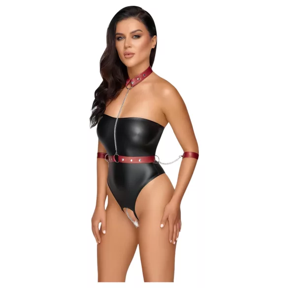 Cottelli Bondage - spīdīgs bodijs un roku aproces (melns) - L
