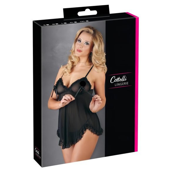 Cottelli - Viegls, volānu babydoll (melns) - XXL