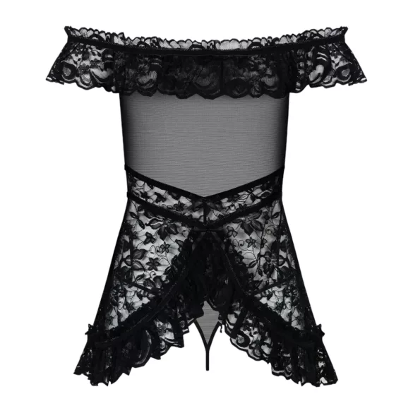 Obsessive babydoll un stringi ar volāniem melnā krāsā - L/XL