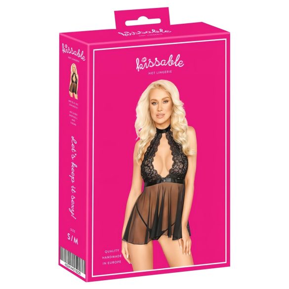 Kissable - mežģīņu babydoll ar kakla siksnu, melna - L/XL
