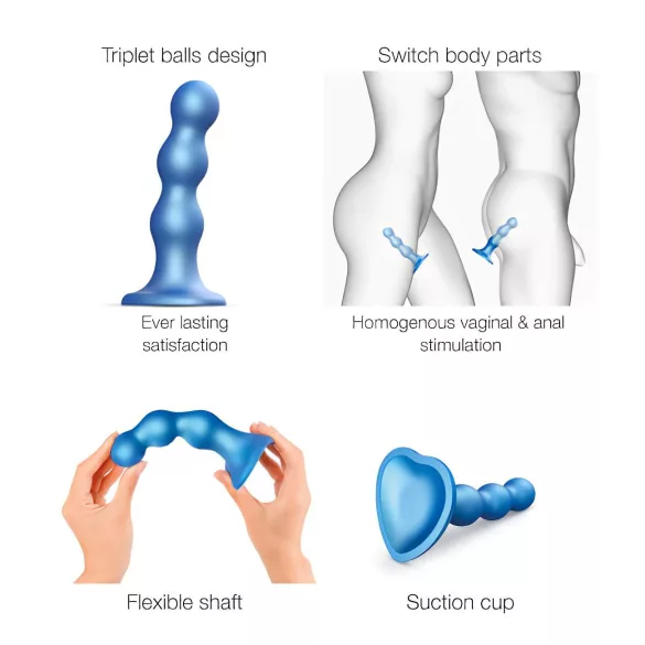 Strap-on-me dildo ar bumbiņām un piesūcekni, zils, S izmērs