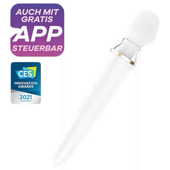 Satisfyer Double Wand-er - masāžas vibrators ar aplikāciju baltā krāsā