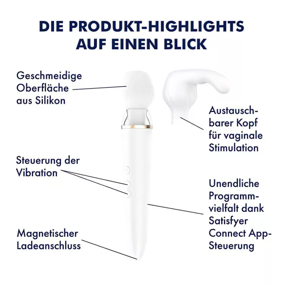Satisfyer Double Wand-er - masāžas vibrators ar aplikāciju baltā krāsā