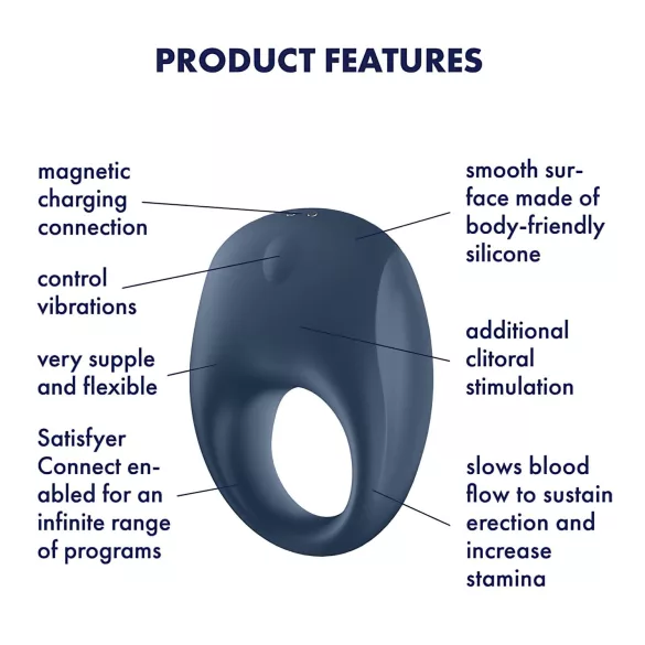Satisfyer Strong One - Lietotnes vadāms vibrējošs erekcijas gredzens vīriešiem (zils)