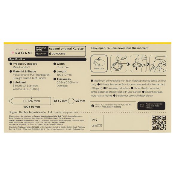 Sagami Original 0,02 XL - prezervatīvi 61mm 6 gab