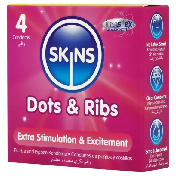 Skins - prezervatīvi ar ribām un punktiem 4 gab