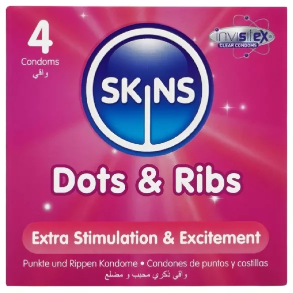 Skins - prezervatīvi ar ribām un punktiem 4 gab