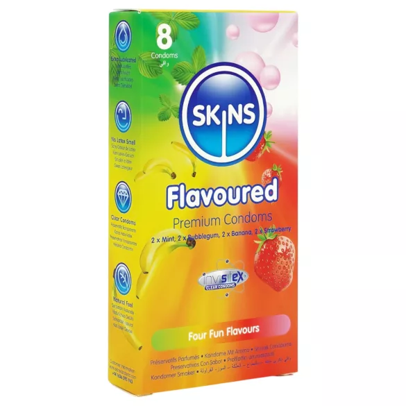 Skins - aromatizēts prezervatīvs - piparmētra, košļājamā gumija, banāns, zemenes (8 gab.)