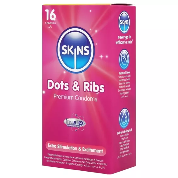 Skins - prezervatīvi ar rievām un punktiem, 16 gab