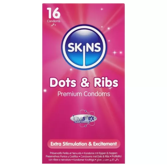 Skins - prezervatīvi ar rievām un punktiem, 16 gab