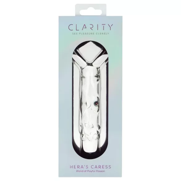 Clarity - stikla dildo ar sirds rokturi caurspīdīgs