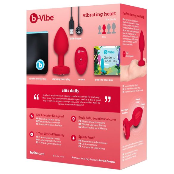 b-vibe heart - akumulators, radio anālais vibrators (sarkans)