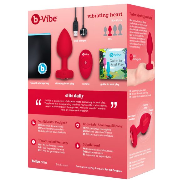 b-vibe heart - akumulators, radio anālais vibrators (sarkans)