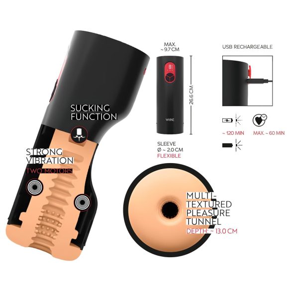 WYNE 07 - vīriešu masturbators ar vibrāciju un sūkšanu melns