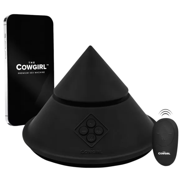 The Cowgirl Cone - lietotnes vadāma premium seksa mašīna - ar 2 maināmiem uzgaļiem, 20 vibrācijas režīmiem (melna)