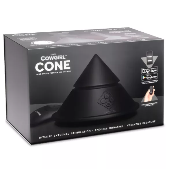 The Cowgirl Cone - lietotnes vadāma premium seksa mašīna - ar 2 maināmiem uzgaļiem, 20 vibrācijas režīmiem (melna)