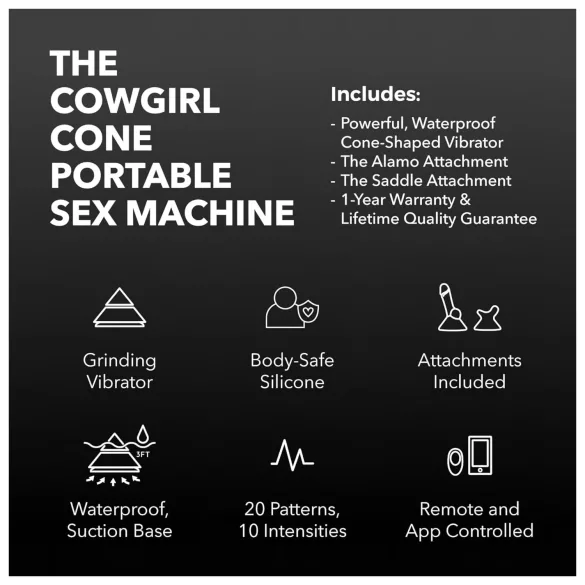 The Cowgirl Cone - lietotnes vadāma premium seksa mašīna - ar 2 maināmiem uzgaļiem, 20 vibrācijas režīmiem (melna)