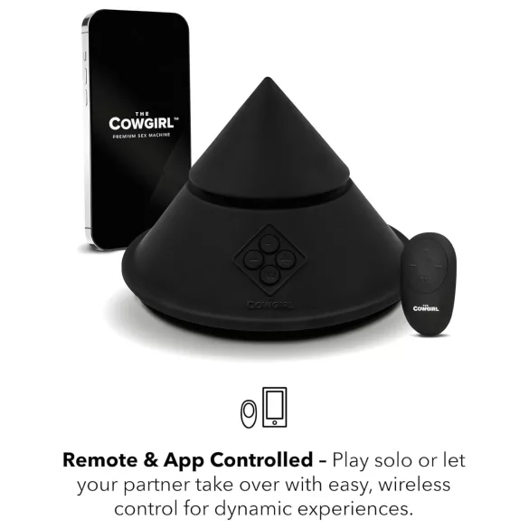 The Cowgirl Cone - lietotnes vadāma premium seksa mašīna - ar 2 maināmiem uzgaļiem, 20 vibrācijas režīmiem (melna)