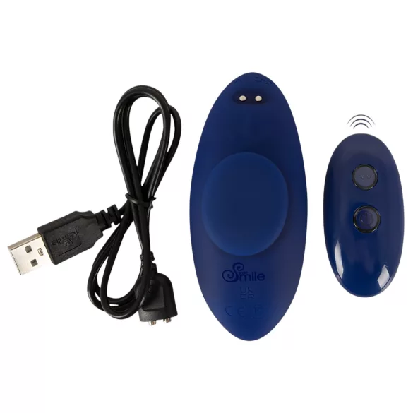Smile - valkājams, īpaši plāns, ar tālvadības pulti vadāms biksīšu vibrators (zils)