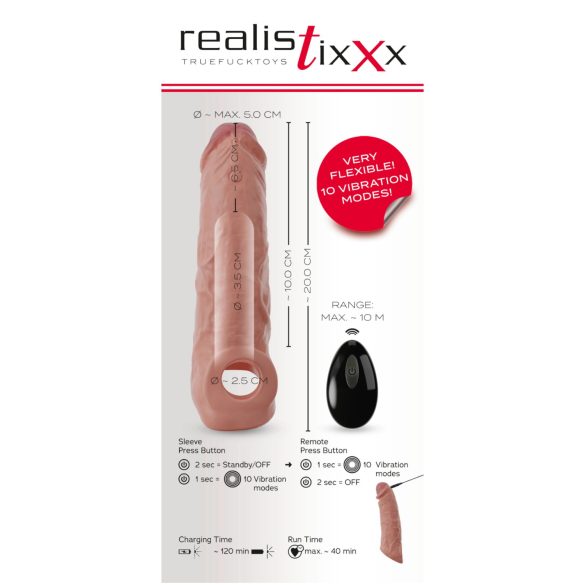 Realistixxx - vibrējošs dzimumlocekļa uzmava ar tālvadību 20 cm naturāls