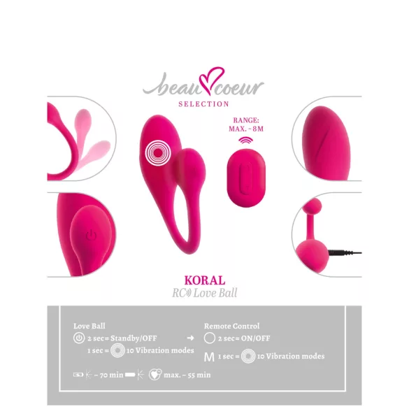 Beau Coeur Koral - vibrējoša ola ar tālvadības pulti (rozā)