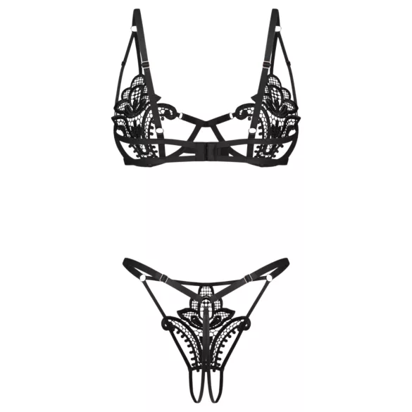 Obsessive Luise - divdaļīga apakšveļas komplekts ar tulpju motīvu (melns) - L/XL