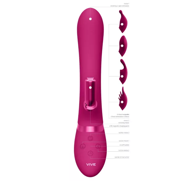 Vive Chou - uzlādējams klitorālais vibrators ar maināmu uzgali rozā