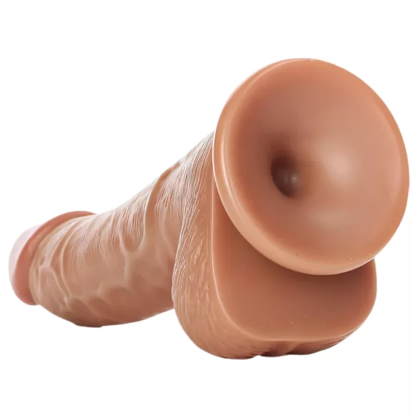 RealRock - dildo ar stiprināmu piesūcekni un sēkliniekiem 15,5cm tumši bēšs