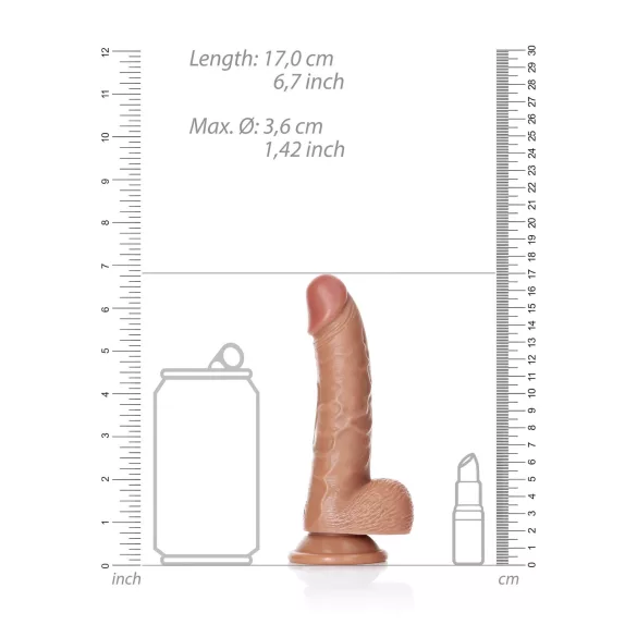 RealRock - dildo ar stiprināmu piesūcekni un sēkliniekiem 15,5cm tumši bēšs