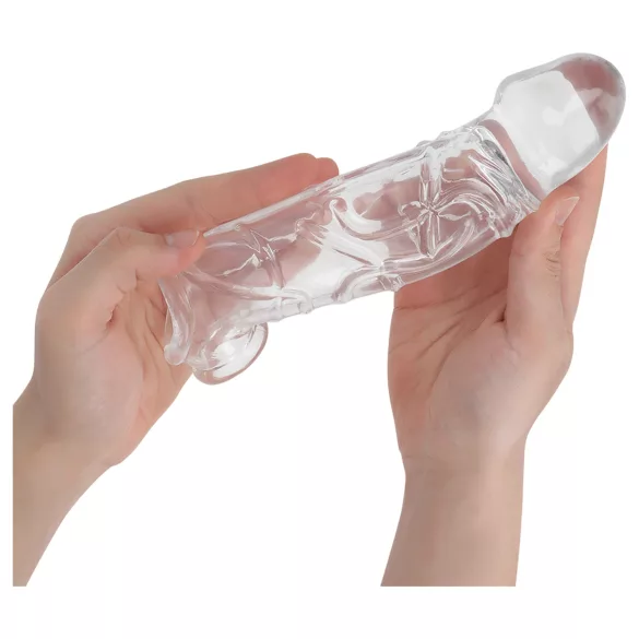 Addicted Toys - dzimumlocekļa uzmava ar sēklinieku gredzenu 27 cm caurspīdīga