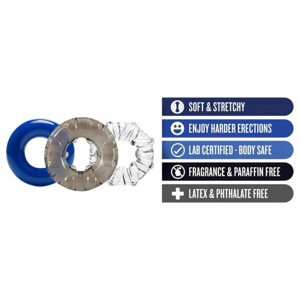 Stay Hard - erekcijas gredzenu komplekts 3 gab krāsaini