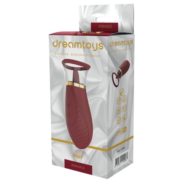 Dreamtoys Roxy - sūkšanas un laizošs vibrators bordo krāsā