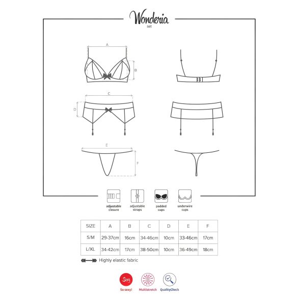 Obsessive Wonderia - sieviešu izšūts mežģīņu apakšveļas komplekts melns - L/XL