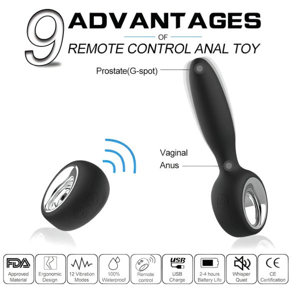 Aixiasia Dylon-Remote - anālais vibrators ar pulti, uzlādējams, melns