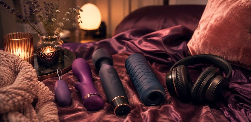 Klusas rotaļlietas un austiņas uz violetas satīna segas rada intīmu ASMR seksa noskaņu | Seksa veikals Latvija Desirel.lv